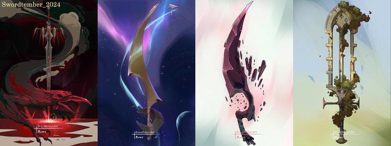 4swords of swrotbember this year. 
1 A long sword with barbs for the hilt, and metal bards coming from the hilt. Around the blade is a spectral birdlike dragon the vanishes into smoke near the top of the image. 
2 A curved blade with the hilt made from meteoric iron and carved for the star map. The blade is on the backdrop a purple-pink and blue nebula
3 A twisted bladed made from dark obsidian glass on a white pink and teal background. 
4 A sword in the style of gothic windows overgrown with plant life