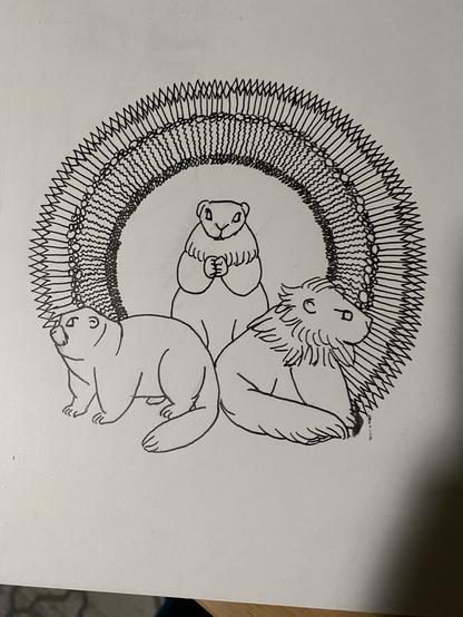 Black and white picture of three marmots with a double layer arch behind them