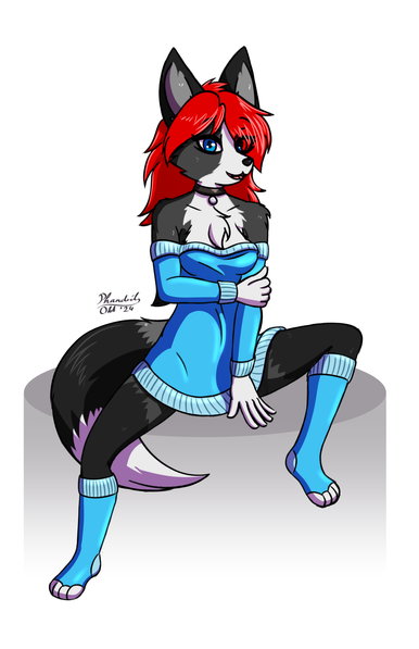 Saoirse being cozy in a sweater dress and socks.