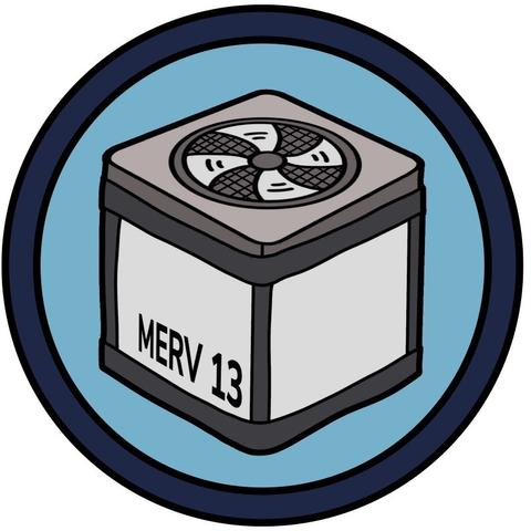 circle badge with Corsi-Rosenthal box comprised of square HEPA filters on the sides and a square box fan on the top