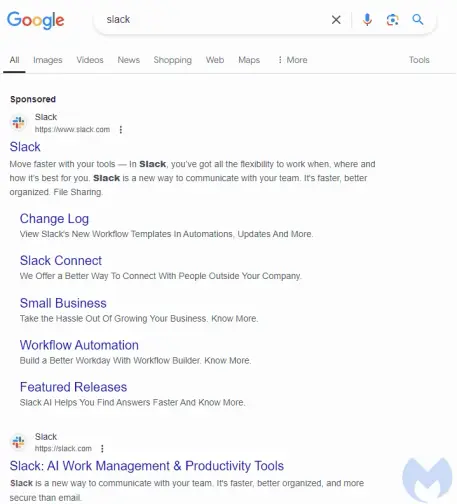 Google search for Slack returns malicious ad