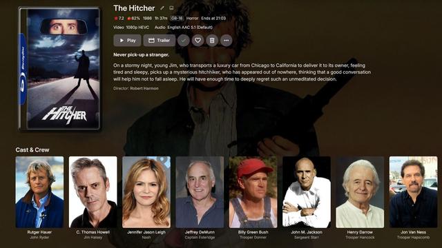 A screen shot showing the poster art, synopsis, cast list and media information for the 1986 movie The Hitcher starring Rutger Hauer, C Thomas Howell & Jennifer Jason Leigh