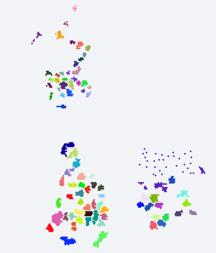 Hexes representing wards grouped by local authority and roughly arranged to represent the geographic shape for Scotland, the North West of England, and Yorkshire and the Humber. North Yorkshire is not yet arranged properly.