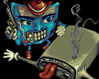pixelart image of a humanized 3,5 floppy disk that has shot a humanized floppy drive in a comic style