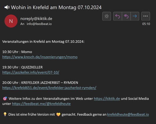 Screenshot einer E-Mail mit dem Newsletter "Wohin in Krefeld"