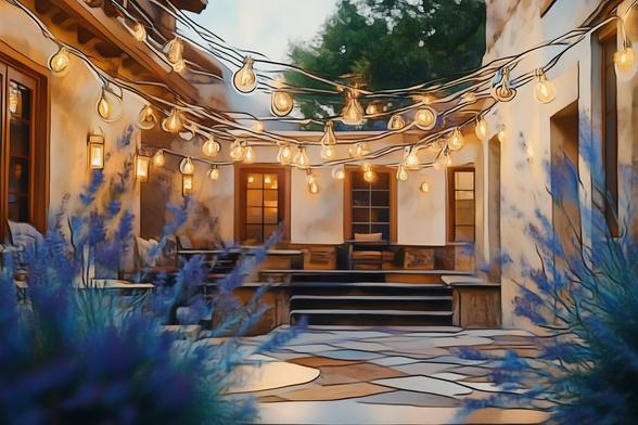 Outdoor patio in a rustic courtyard, hung with warmly lit string lights, framed by out of focus blue grasses in the foreground. AI impressionism style.