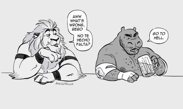 A sketch drawing of an anthro Lion (Estefan, age 50) in a bar with his elbows on the table and laying his chin on his hand while seated next to an anthro Hippo (Sergio, age 51) drinking a tall glass of beer

(Dialogue)
Estefan: "Aww, what's wrong Bebo, No te hecho falta? (don't you miss me?)

Sergio: "Go to hell."

Signed, AngeloFalls 2024
