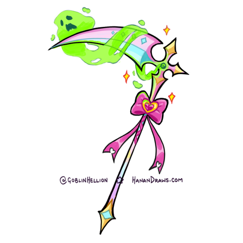 Very colourful pastel coloured scythe drawing, with a bright green soul wrapping around the blade coming from a gem in the middle. It has a big ol pink bow on it, and sparkles around it.