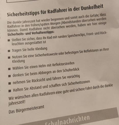 Foto vom Artikel aus dem Hexentäler Amtsblatt "Sicherheitstipps für Radfahrer in der Dunkelheit.