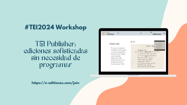 La imagen tiene algo de texto (nombre del taller) y muestra un ordenador portátil que ejecuta tei-publisher