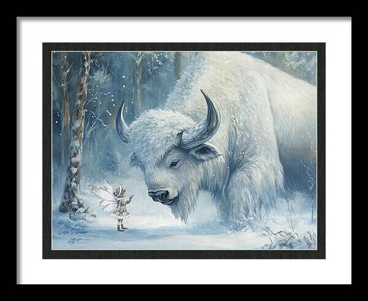A framed print of a large white buffalo looking down at a tiny fairy girl. Art by Lisa S Baker.