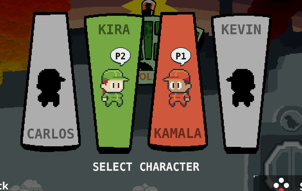 local multiplayer player selection screen, four tabs one for each character