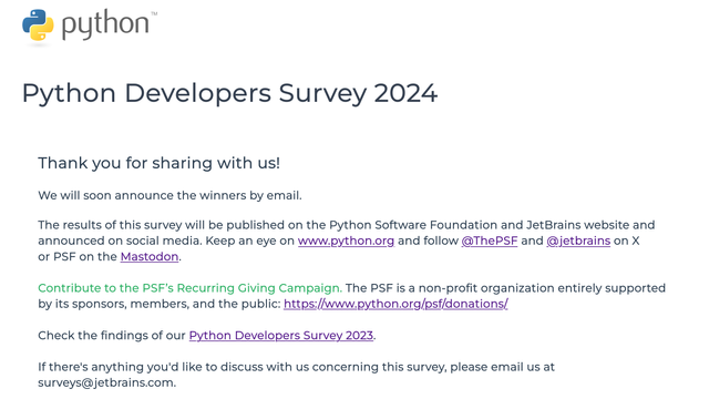 Screenshot of the Python Developers Survey 2024 thank you page