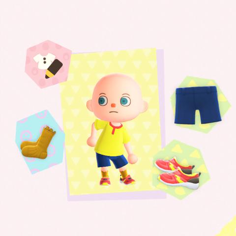 Animal Crossing: New Horizons screenshot. Image of the clothing changing screen. Image shows a bald, light skinned islander wearing a custom yellow t-shirt with a red collar, blue shorts, yellow socks, and red kid's shoes. He is intended to be dressed like Caillou.