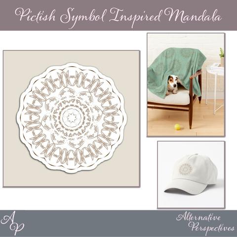 A pictish symbol inspired mandala - and showing how it will look on a pets blanket and a cap