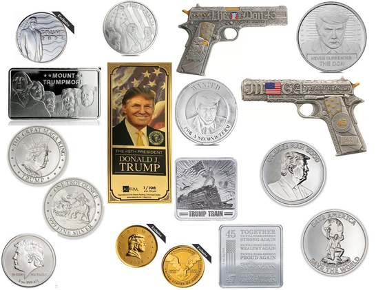 A collage of gold and silver bullion items for sale, all featuring the former president. Mostly silver rounds, there is also a pistol named "The Don" heavily detailed on both sides, and a gold "Aurum" dollar-bill-looking piece.