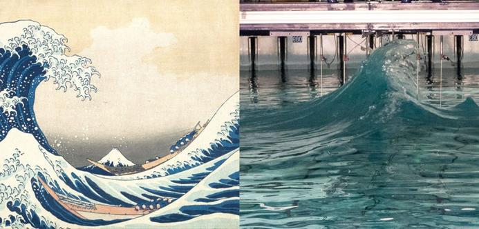 painting and photo - recreating complex waves at FloWave – including a famous freak wave which mirrored Japanese artist Hokusai’s iconic Great Wave off Kanagawa