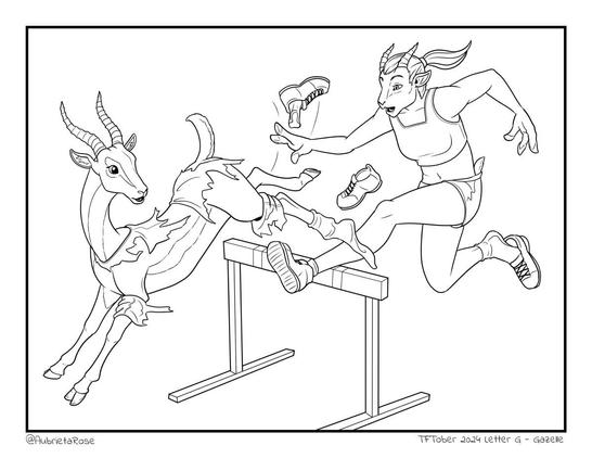Line art of a woman leaping over a hurdle, though her features have begun to morph with a muzzle and horns forming, her fingers fusing as a tail pokes from her shorts. On the other side of the hurdle, she finishes the leap and looks back in surprise at the fact that she's changed into a gazelle.