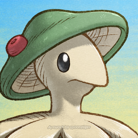 Digitally-handmade fanart portrait of a Breloom Pokémon facing forward towards the right side of the image at a 3/4 angle with a neutral facial expression, on a blue-to-yellow gradient background.
