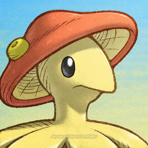Digitally-handmade fanart portrait of a shiny Breloom Pokémon facing forward towards the right side of the image at a 3/4 angle with a neutral facial expression, on a blue-to-yellow gradient background.