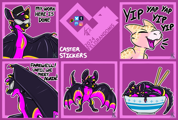 Digital art of a rubber bat and also a Kobold character. Rubber bat is wearing a mask and top hat with arm wing out saying "My work here is done", Turning fast away from the viewer flapping their wing like a cape with texst "Farewell! Until we meet again!", gremlin pose, and a giant bowl of rubber bat noodles. Kobold is yip yapping very loudly
