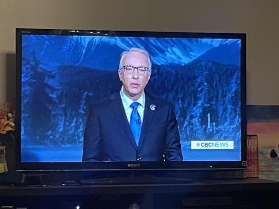 The older man speaks to the camera with arms beside his side