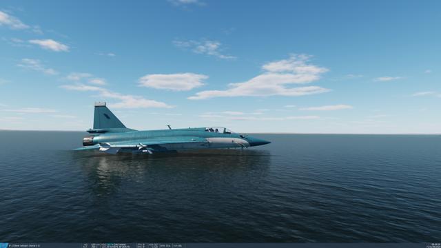 A JF-17 fighter jet in a Blahaj livery skirting a metre above the sea