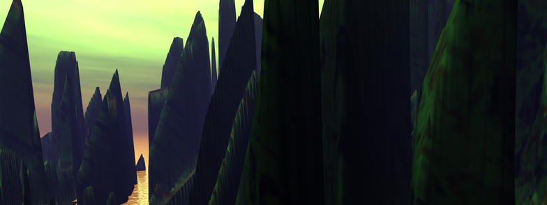 A surreal landscape featuring towering dark green, jagged rock formations illuminated by a sunset or sunrise in the distance. The sky transitions from soft yellow to green, creating an otherworldly atmosphere, with reflections of light on the distant water between the rocks
