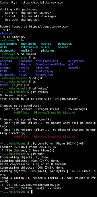A screenshot from my Android phone showing a terminal screen which has just been used to commit and push updates to my personal git server (using GOGS in a docker)