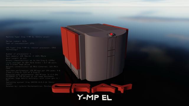 A Cray Y-MP EL supercomputer with red and gray casing is depicted against a reflective background. Text on the image includes specifications such as the machine type, serial number, year of introduction, CPU type, number of processors, memory, storage