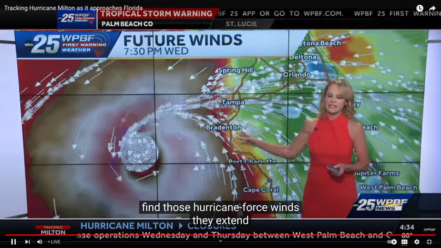 Hurricane Milton off the coast of Florida presently a Category Five hurricane.  May hit as a Cat 4 but storm surge flooding is also a large concern.