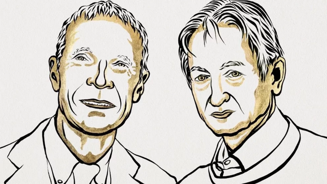 Das Bild zeigt eine Zeichnung der beiden Nobelpreisträger für Physik 2024, John Hopfield und Geoffrey Hinton. Links ist John Hopfield mit einem freundlichen Gesichtsausdruck abgebildet, während Geoffrey Hinton rechts etwas ernster wirkt. Beide tragen helle Kleidung, wobei die Zeichnung in schwarz-goldenen Linien gehalten ist. Die minimalistische Darstellung betont die Gesichtszüge der beiden Wissenschaftler und verleiht dem Bild eine klassische, edle Ästhetik. 
Zeichnung: Niklas Elmehed © Nobel Prize Outreach.