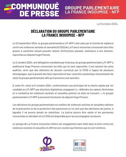 Communiqué de presse groupe parlementaire LFI-NFP