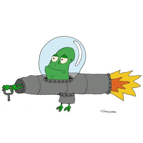 Ein Alien fliegt im Raumschiff herum.