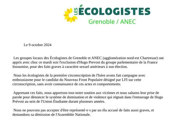Communiqué de presse des Ecologistes de l'agglomération grenobloise pour dénoncer les accusations de violences sexistes et sexuelles commises dans l’entourage d’Hugo Prevost, député de la première circonscription de l’Isère.