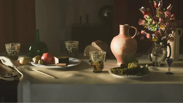 Laid out table basking in a golden light, in the style of a 17th century European northern school painter. Some classical still life elements are present, from left to right: the pipes and tobacco, the fruits and cheese on a plate, the bread, the insect (there's a tiny blue Argus butterfly on the grapes) and the alcohol bottles and glasses. The scene is closed on the right by a bouquet of flowers. In the shadows of the back of the room, on a dresser, are two candlesticks, one with a burned candle and one with a new, alongside a convex mirror. Almost front and centre on the table is one of the three ornate beakers of the image, which have inspired this context scene creation.