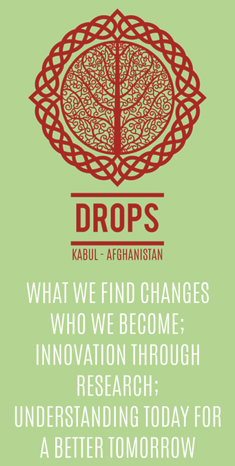 Logo for Drops, Kabul, Afghanistan.

Traditional Afghan motif of a tree within a patterned circle. Red on a green background.

The copy line reads:

"What we find changes who we become; Innovation through research; Understanding today for a better tomorrow.