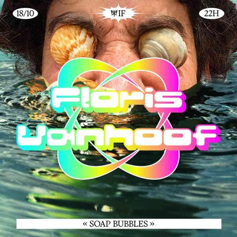A visual featuring what we assume to be the face of the artist, immersed in water, with two shelves covering his eyes. Overlaid on top, the name Floris Vanhoof in colourful rainbow gradient & Y2K-style typeface