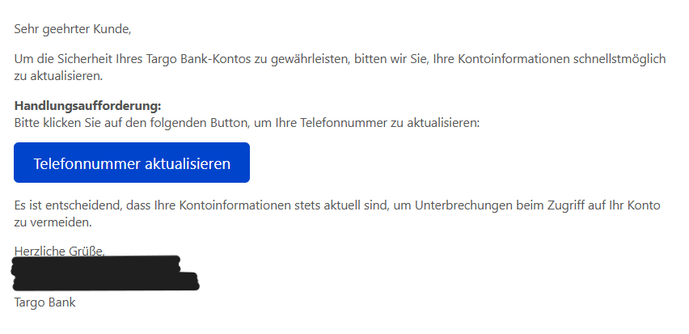 Screenshot einer Phishing-Mail im Namen der Targobank