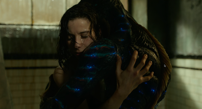 A woman embraces an amphibian man, whose body glows with blue luminous dots. Both are soaking wet