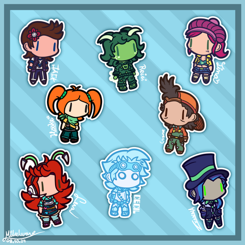 A drawing of 8 of my OCs in the walfas artstyle, with chibi proportions. They are all signed with their names and made to look like stickers. They are in front of a background that looks like the inside of a blue, striped box
