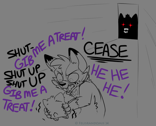 A very terrified CorgiCam is shaking a Tattletail toy (which is basically a more creepy and loud Furby), and telling it to shut up , while it screams at him to give it a treat. In the background, a black silohette with red eyes and large teeth is looming