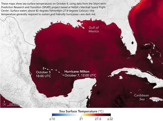 map - These maps show sea surface temperatures on October 6, using data from the Short-term Prediction Research and Transition (SPoRT) project based at NASA’s Marshall Space Flight Center. Surface waters above 82 degrees Fahrenheit (27.8 degrees Celsius)—the temperature generally required to sustain and intensify hurricanes—are dark red.