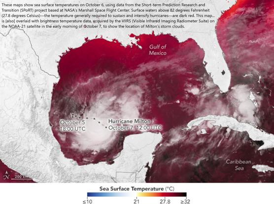 map - These maps show sea surface temperatures on October 6, using data from the Short-term Prediction Research and Transition (SPoRT) project based at NASA’s Marshall Space Flight Center. Surface waters above 82 degrees Fahrenheit (27.8 degrees Celsius)—the temperature generally required to sustain and intensify hurricanes—are dark red. This map... is [also] overlaid with brightness temperature data, acquired by the VIIRS (Visible Infrared Imaging Radiometer Suite) on the NOAA-21 satellite in the early morning of October 7, to show the location of Milton’s storm clouds.