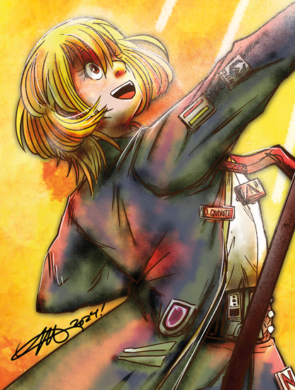 Close-up of Don Quixote herself. Don Quixote is pushing her lance towards the sky, breaking a transparent glass cup into pieces. She remains looking up and smiling. 

The entire picture is infused with shades of red, yellow and orange, and the background is watercolor-esque with the same colors as well. There are some touches of white splatter and spray on Don Quixote for added effect.