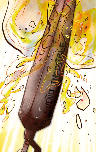 Close-up of the lance and cup breaking. Don Quixote's lance goes towards the sky, breaking a transparent glass cup into pieces. A golden liquid pours out with gusto, shining down from above.

The entire picture is infused with shades of red, yellow and orange, and the background is watercolor-esque with the same colors as well.