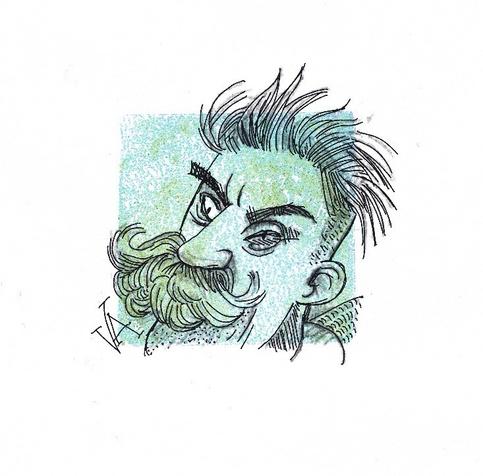 Ink drawing of angry guy with a big, bushy mustache & a black eye, on top of a palw greenish blue square ink stamp shape.