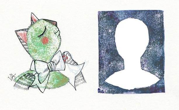2 head-shaped ink stamps. One using green inkpad was doodled to look like a proud cat with a big bow ribbon. And toe beans. The other head-shaped ink stamp is the off-cut surround in blue ink, but unused as yet.