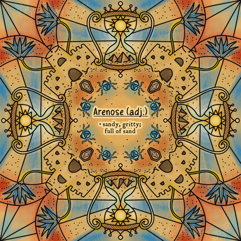 A digital illustration, made in Procreate, of a mandala on an abstract background. The theme for the artwork, "Arenose," is written and defined in the center of the image.