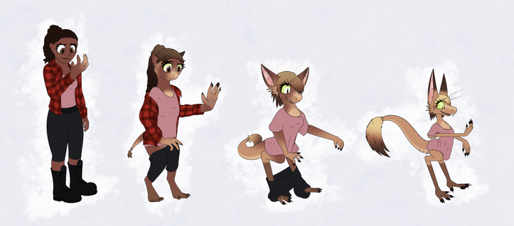 From left to right a human slowly progressing into a yinglet, a change that has them at first confused and flustered, but the end result has them happy.